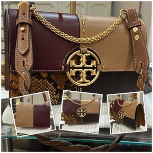 TORY BURCH Miller Mixed Media Shoulder Bag in Dark Caramel, EUC Like New
